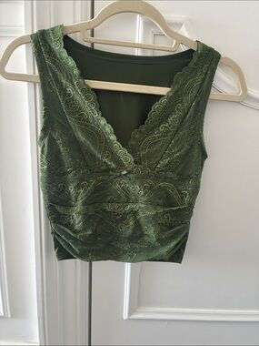 Cider Olive Green Lace V-Neck Tank Top